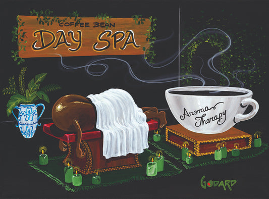 Aroma Therapy by Godard, a personified coffee bean relaxing in a candlelit, earth-toned spa room, in his signature pop-art style