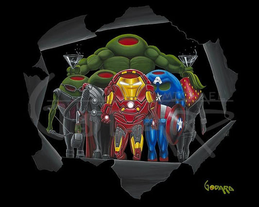 Avenge-Tini by Godard, a superhero-themed martini parody with his olive characters costumed as a team of heroes, in his signature pop-art style