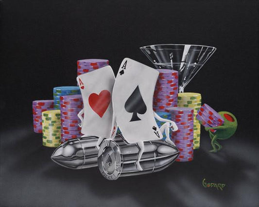 Bullets by Godard, a gaming-themed limited edition giclee featuring his martini and olive characters, in his signature pop-art style