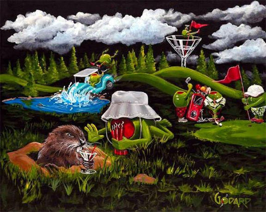 Caddy Shack by Godard, a golf-themed parody starring his personified olive character, in his signature pop-art style