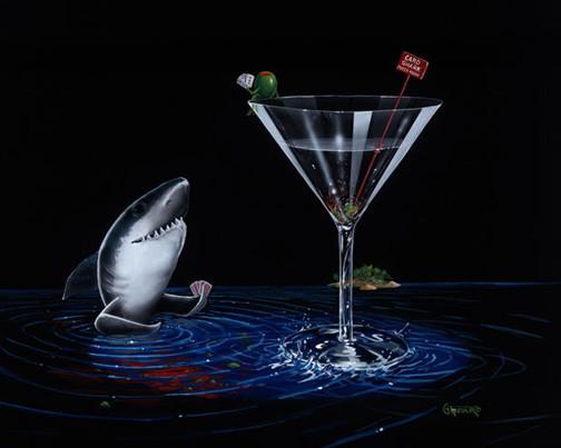 Card Shark by Godard, a limited edition giclee pairing his martini-and-olive character with a card table scene, in his signature pop-art style