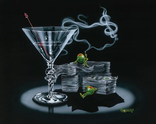 Cashtini by Godard, a money-themed martini parody with his olive character amid rising smoke, in his signature pop-art style