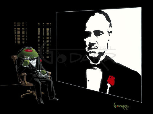 Corleone-Tini by Godard, a mob-movie parody starring his personified olive character in a Godfather-style pose, in his signature pop-art style
