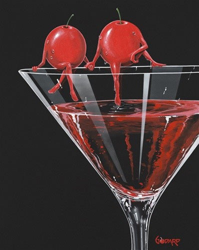 Cosmo In Love by Godard, two personified cherry characters holding hands against a black background, in his signature pop-art style