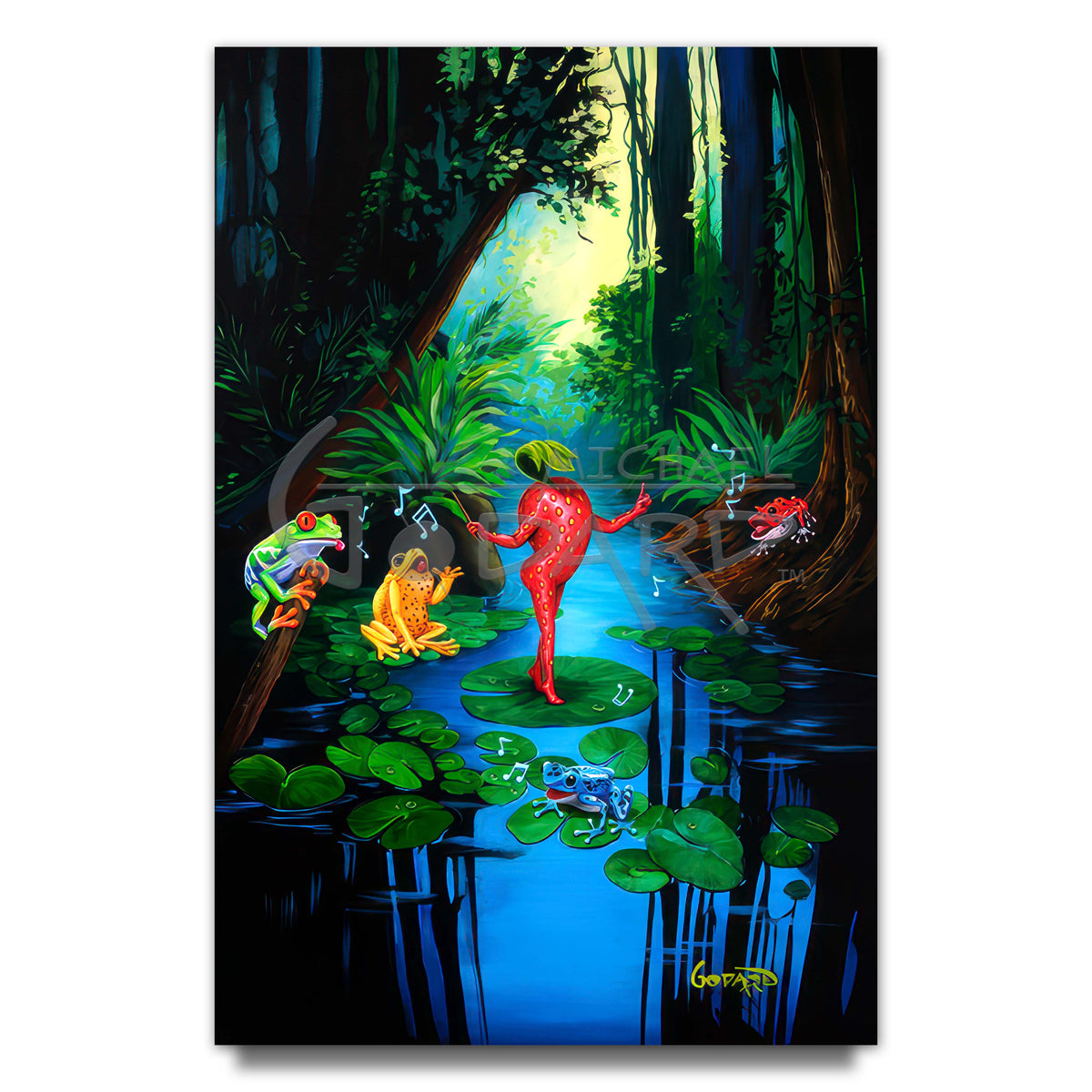 A Symphony of Frogs by Godard, a limited edition giclee of gathered frog characters in his signature pop-art style