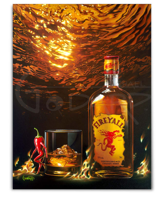 Fire Y'All by Godard, a limited edition giclee of a jalapeno in a glass, in his signature pop-art style