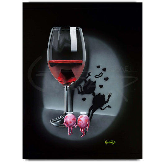 First Date Red Wine by Godard, a limited edition giclee of a red wine glass with two haloed grape characters and their mischievous shadow, in his signature pop-art style