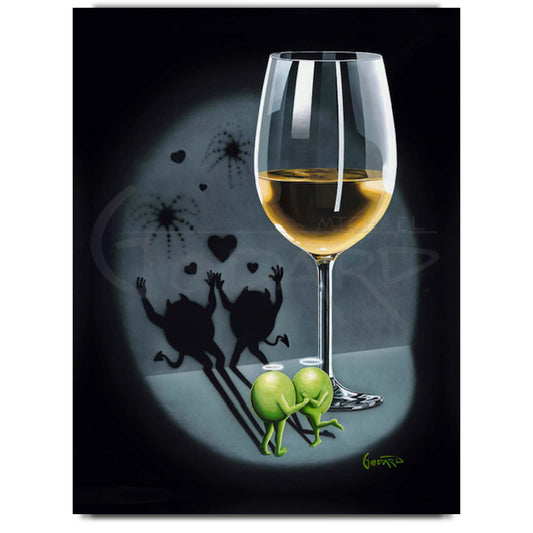 First Date White Wine by Godard, a limited edition giclee of a white wine glass with two embracing haloed olive characters and their celebratory shadow, in his signature pop-art style